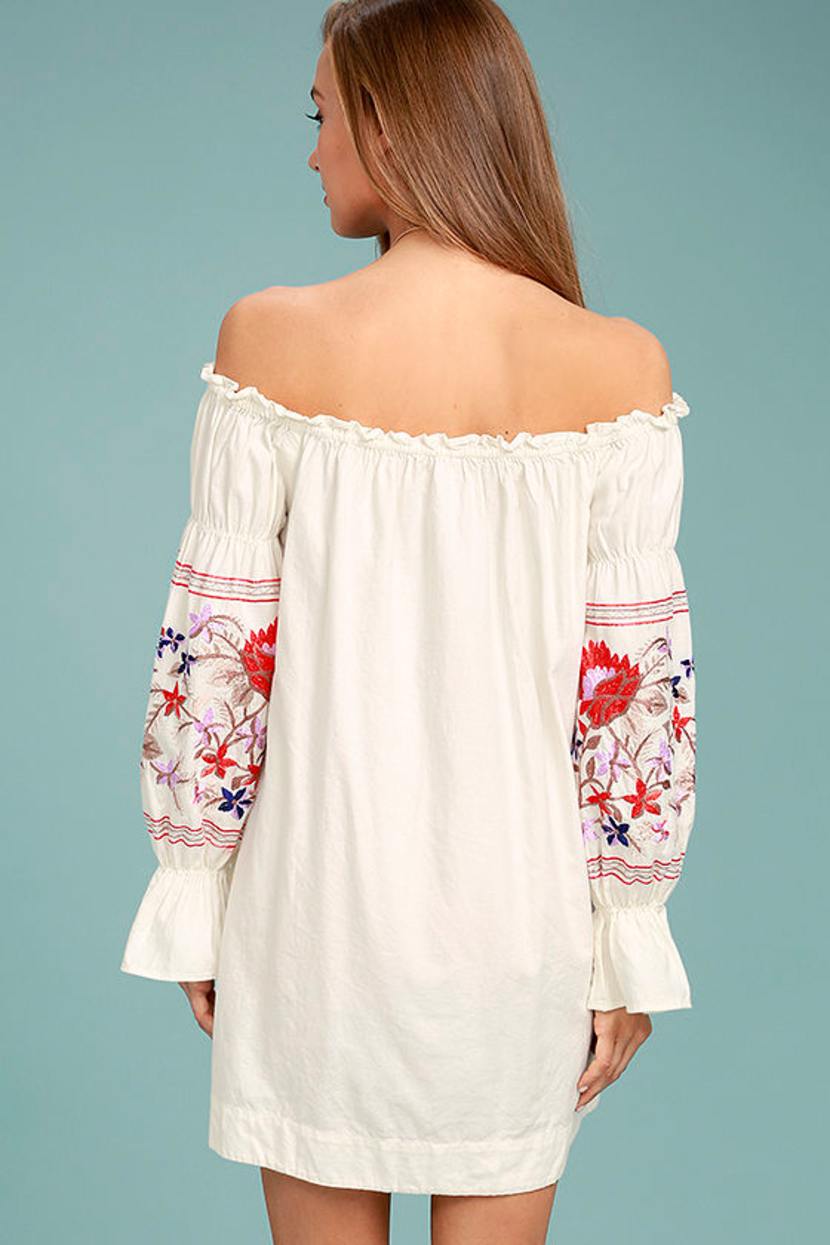 Free People Fleur Du Jour - Cream Shift Dress - Embroidered Dress - Off-the-Shoulder  Dress - Lulus