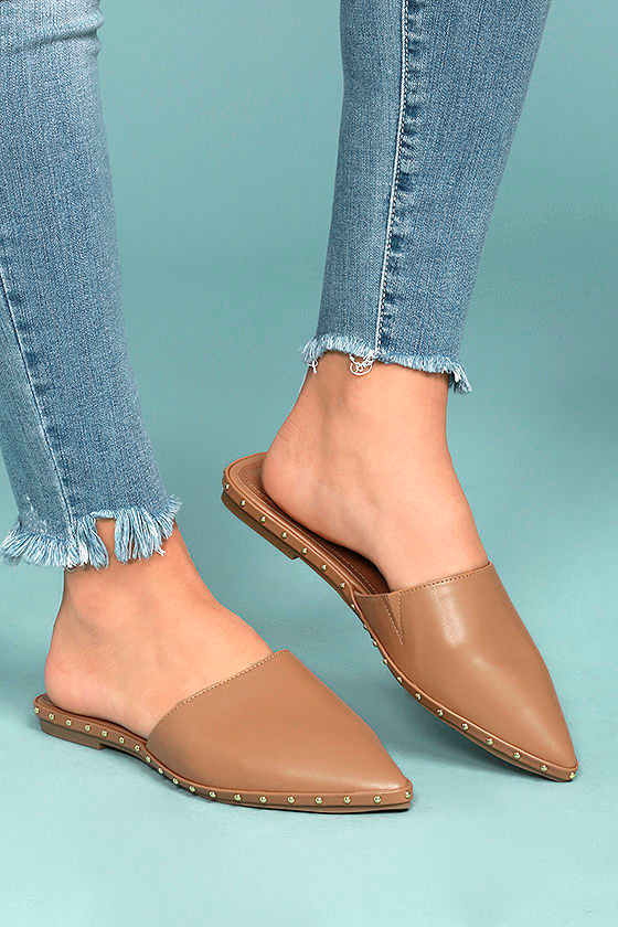 Trendy Loafer Slides Camel Slides Studded Slides Vegan Leather