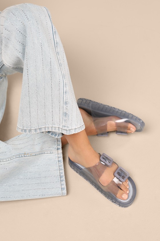 Julio Dusty Blue Vinyl Buckle Slide Sandals 1