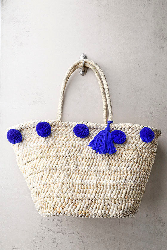 Byron Bay Beige and Blue Pom Pom Tote Bag 1