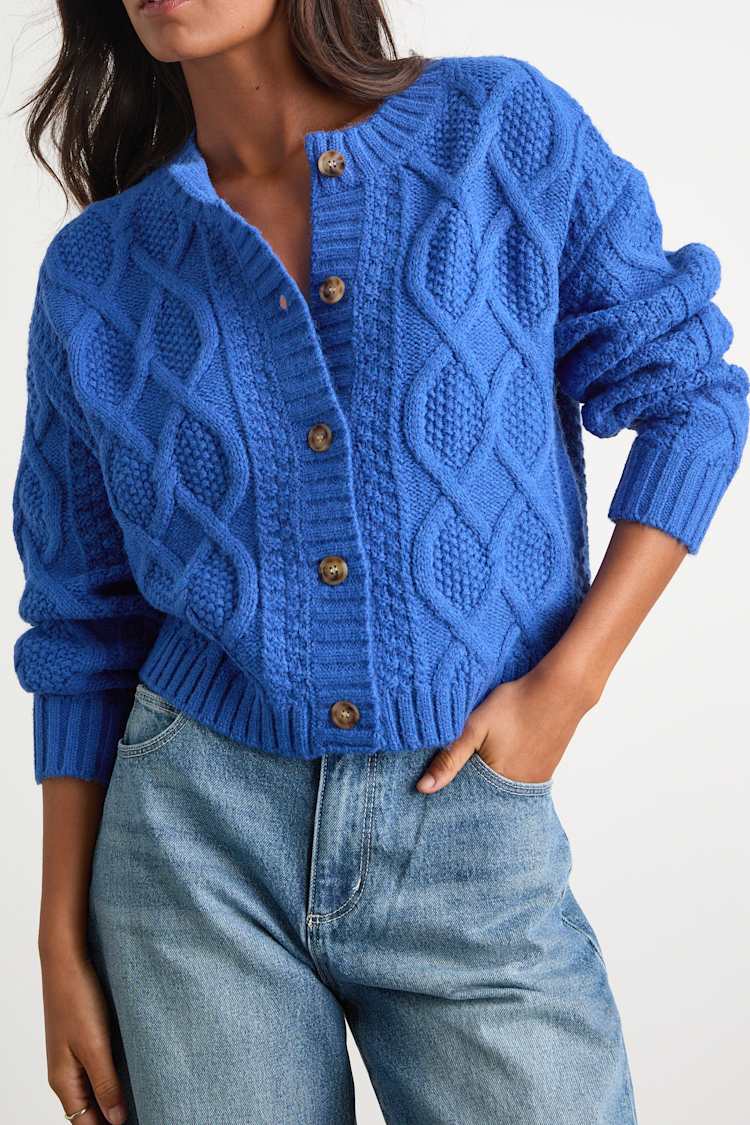 Comfy Discovery Blue Cable Knit Button-Up Cardigan Sweater