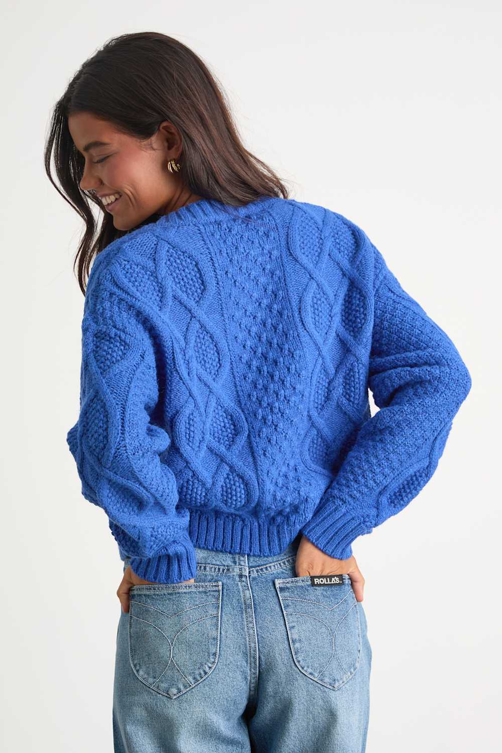 Comfy Discovery Blue Cable Knit Button-Up Cardigan Sweater