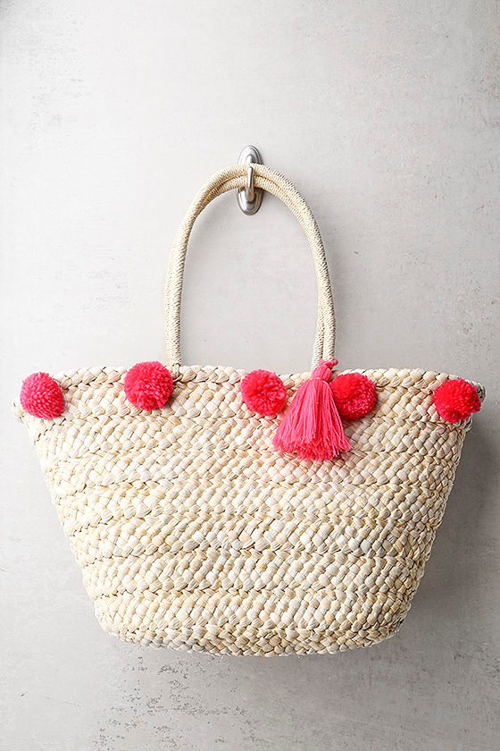 Byron Bay Beige and Pink Pom Pom Tote Bag 1
