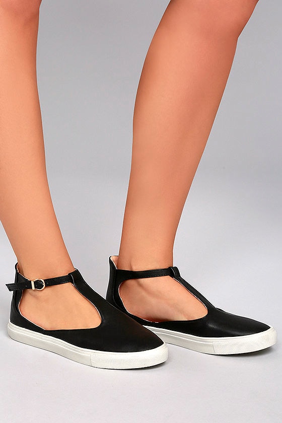 Chic Black Sneakers - Vegan Leather Sneakers - T-Strap Sneakers - $30. ...