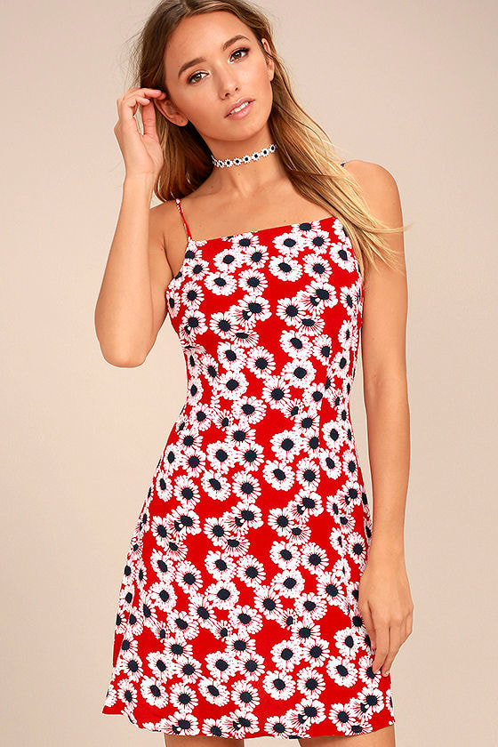 Rollas Bridget Dress - Red Floral Print Dress - Mini Dress - A-Line ...