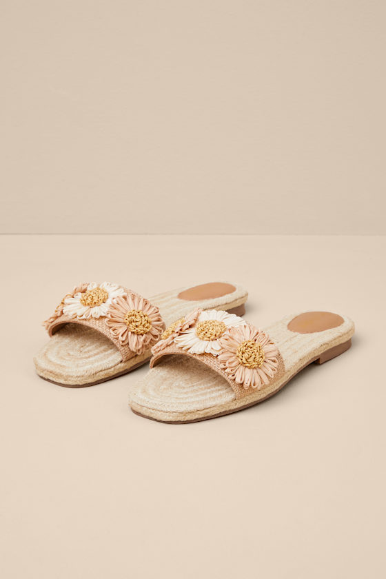 Botanical Gardens Vanilla Floral Raffia Slide Sandals 2