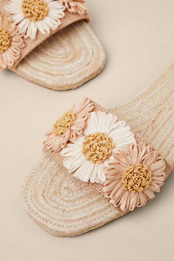Botanical Gardens Vanilla Floral Raffia Slide Sandals 8