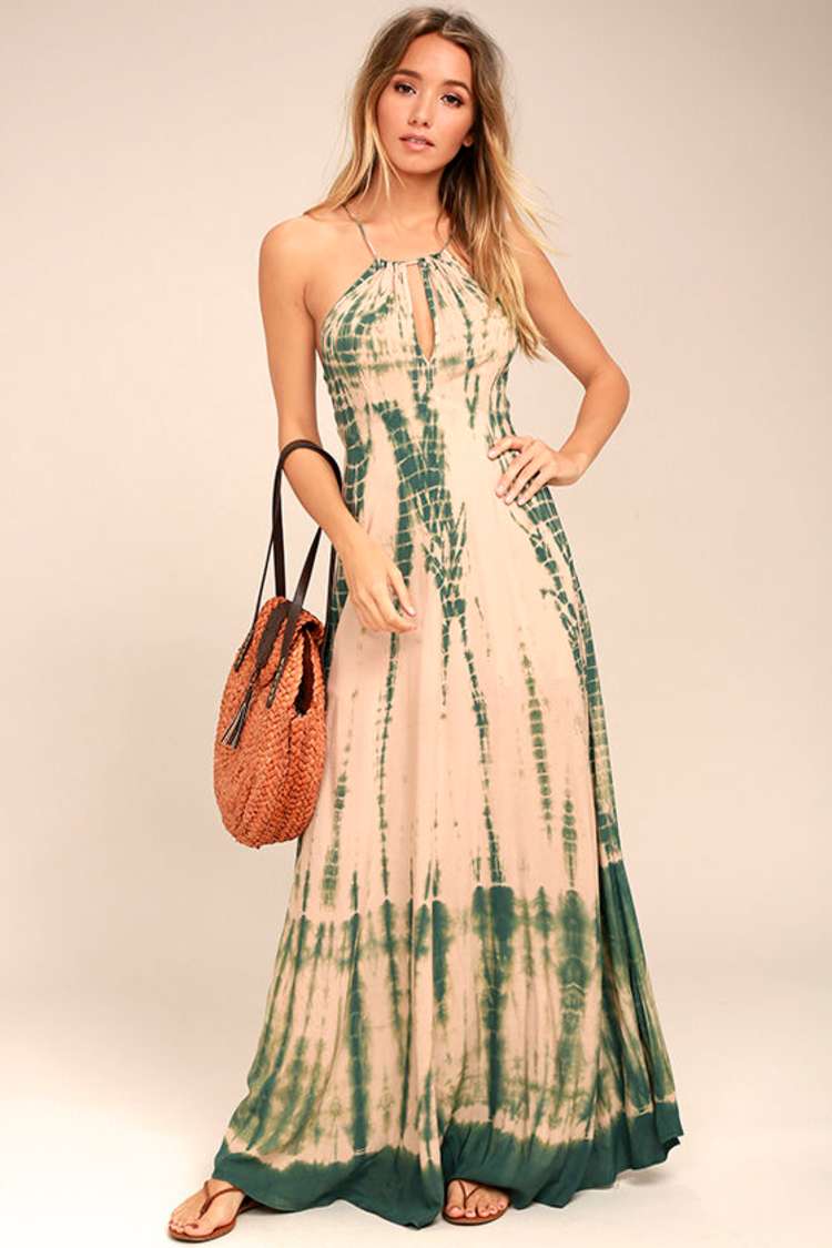 Boho Green and Peach Tie-Dye Dress - Maxi Dress - Backless Maxi Dress -  $64.00 - Lulus