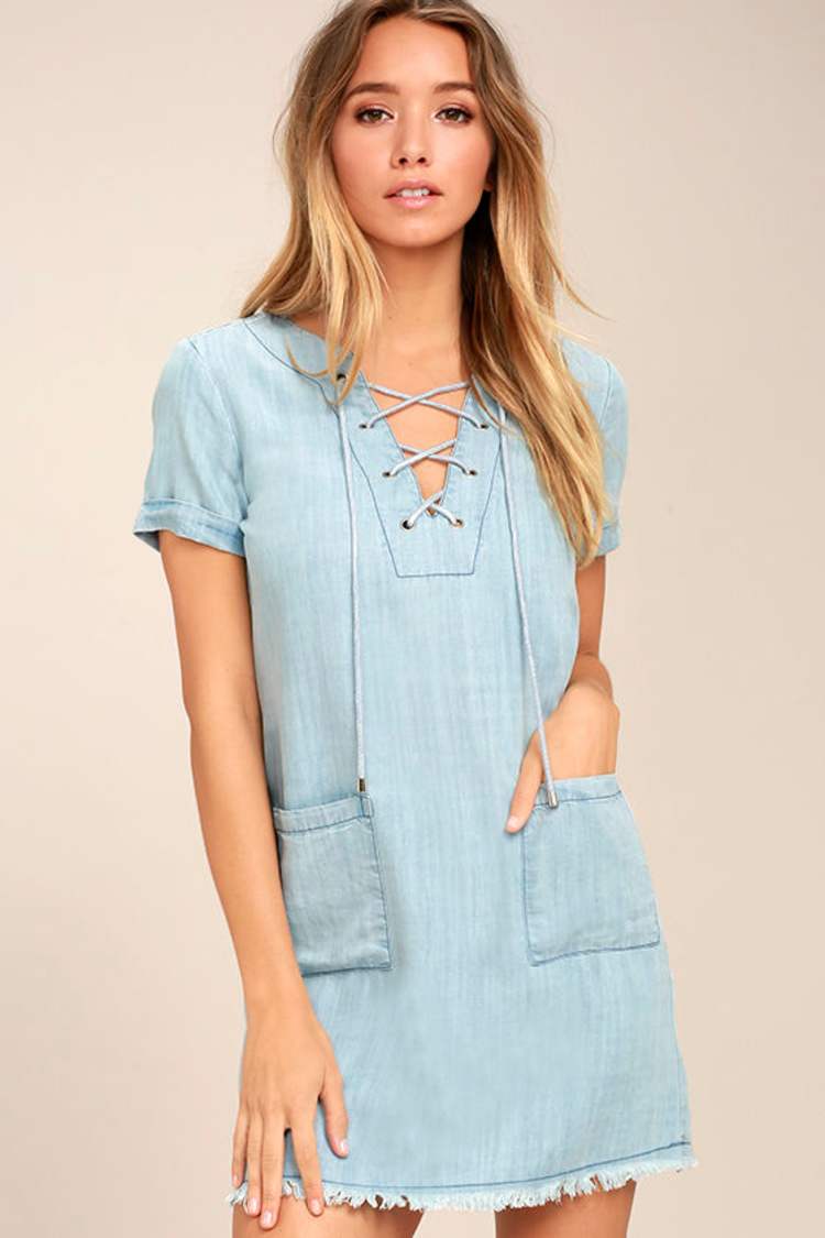Cool Blue Dress - Chambray Dress - Lace-Up Dress - Shift Dress - $57.00 -  Lulus