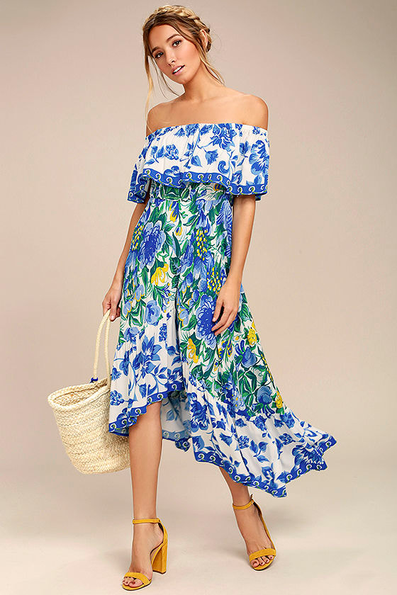 Antigua Blue Floral Print Off-the-Shoulder Dress