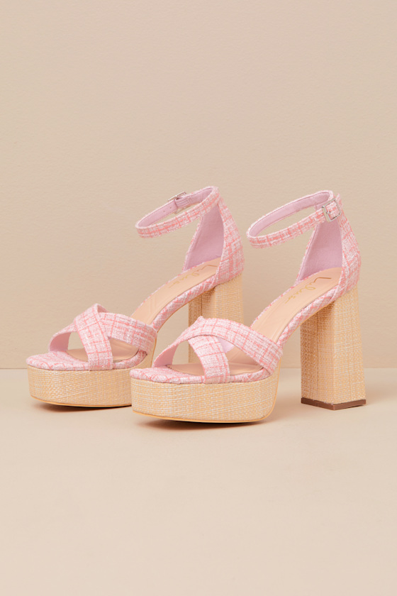 Baby Pink Tweed Heels - Ankle Strap Sandals - High Heel Sandals