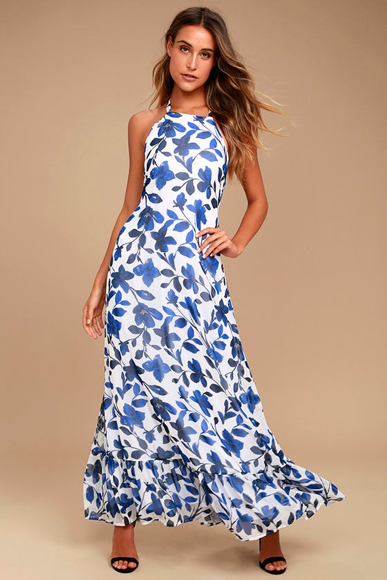 Lovely Blue and White Floral Print Dress - Halter Maxi Dress - Backless ...