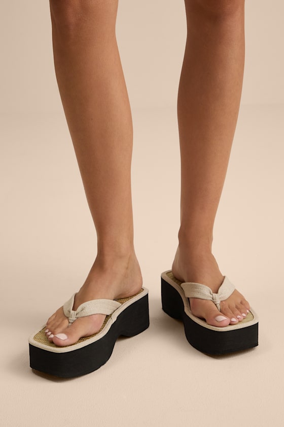 Vero Natural Linen Platform Thong Sandals 1