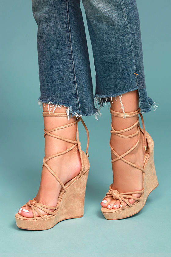 Cute Nude Wedges - Lace-Up Wedges 