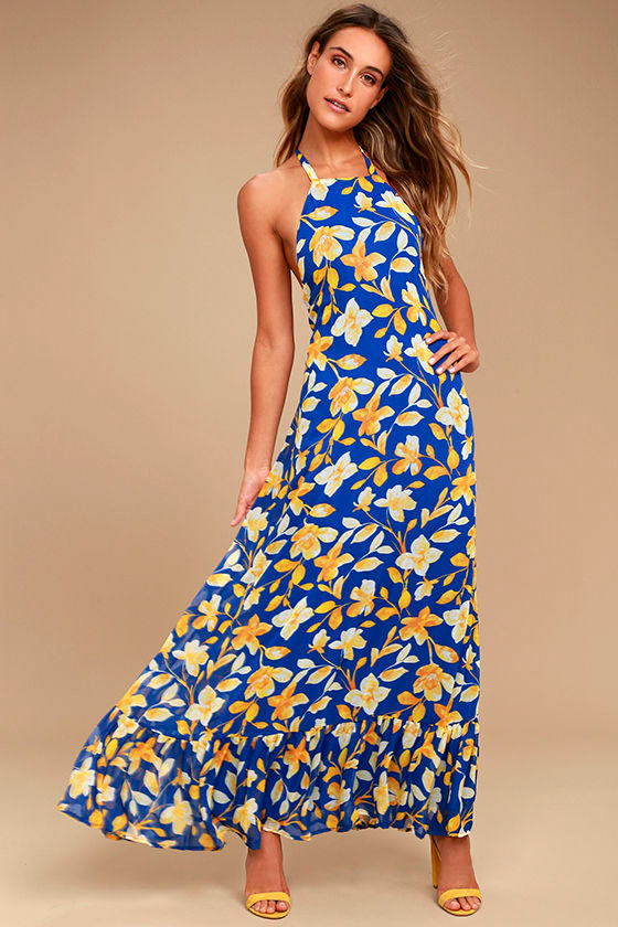 Meadow Meandering Yellow and Blue Floral Print Halter Maxi Dress 1