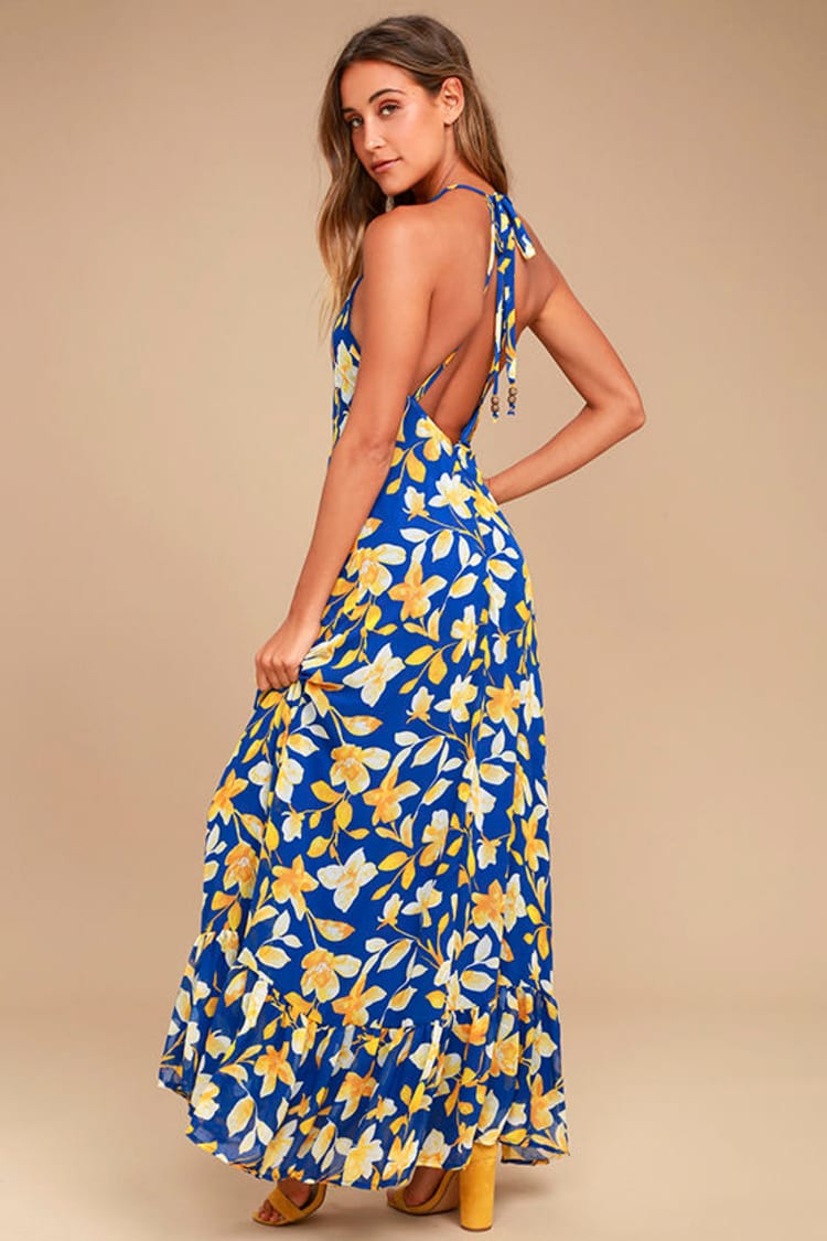 fitted lace wedding dress THML Blue Floral Print Tiered Maxi Dress – SSYS main image 0