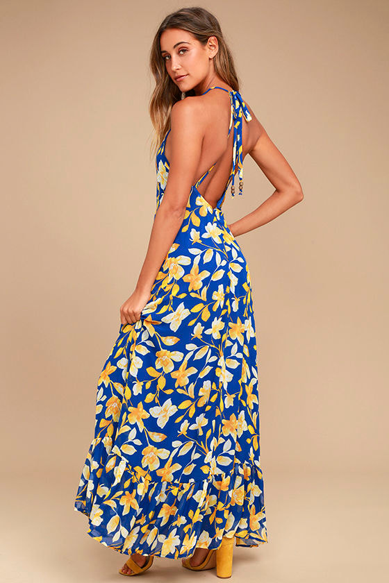 Lovely Yellow and Blue Floral Print Dress - Halter Maxi Dress ...