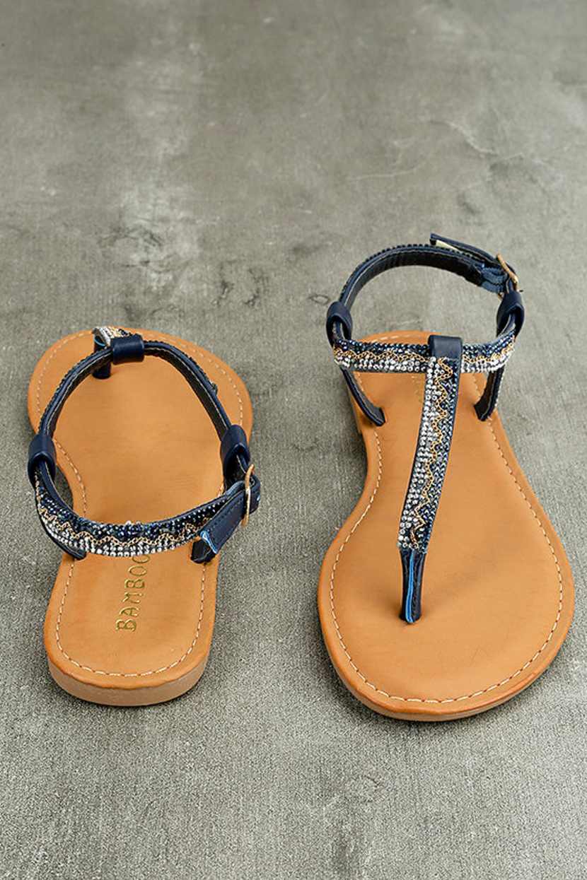Wedding Shoes Navy Blue Rhinestone Flip Flops Chic Blue Sandals