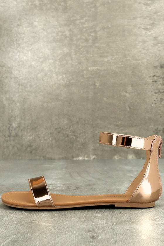 flat gold sandals with ankle strap