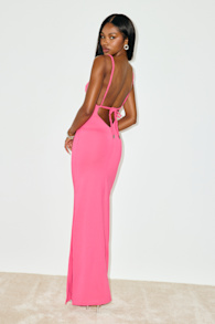 Dynasty Hot Pink Slinky Knit Backless Maxi Dress 1