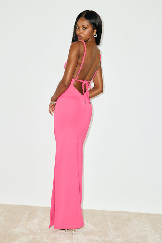 Dynasty Hot Pink Slinky Knit Backless Maxi Dress 1
