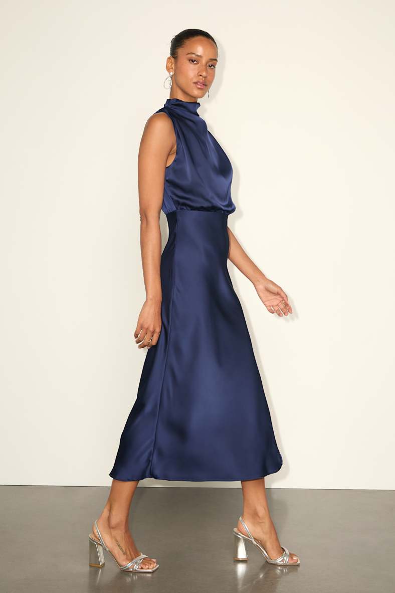 Distinctive Charm Navy Satin Asymmetrical Midi Dress