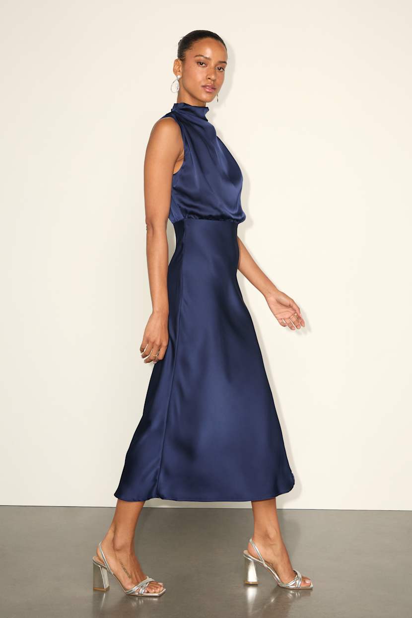Distinctive Charm Navy Satin Asymmetrical Midi Dress