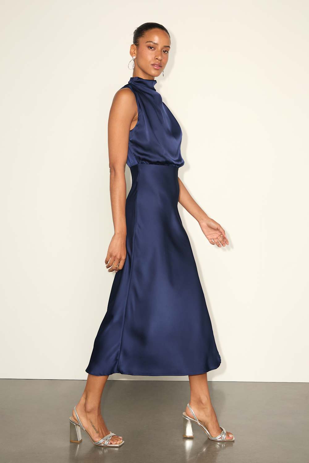 Distinctive Charm Navy Satin Asymmetrical Midi Dress