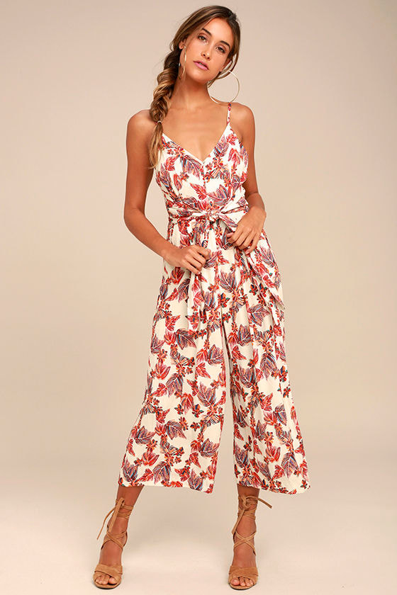 Free People Hot Tropics - Cream Print Jumpsuit - Midi Jumpsuit - Lulus