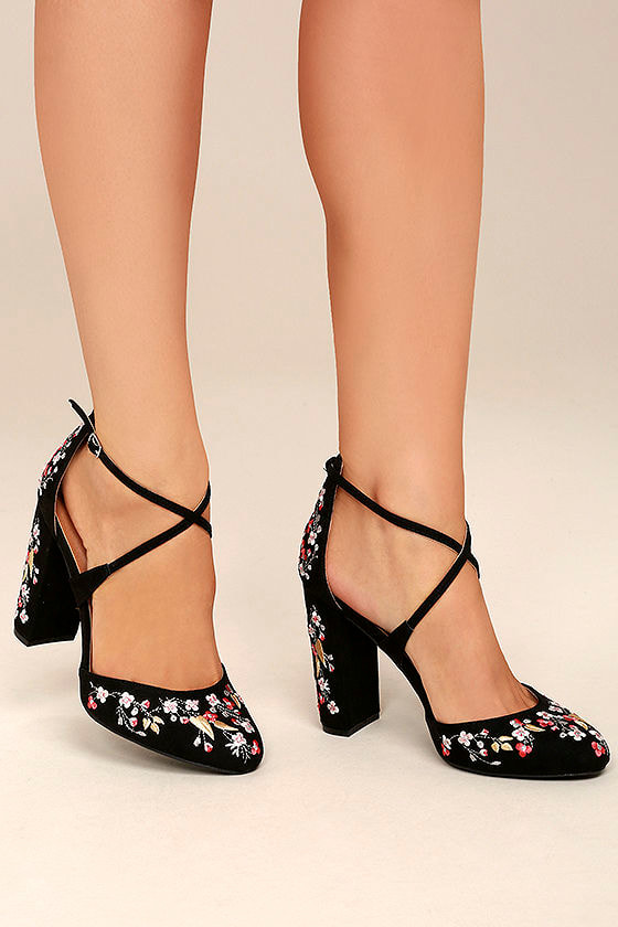 Lottie Black Embroidered Ankle Strap Heels