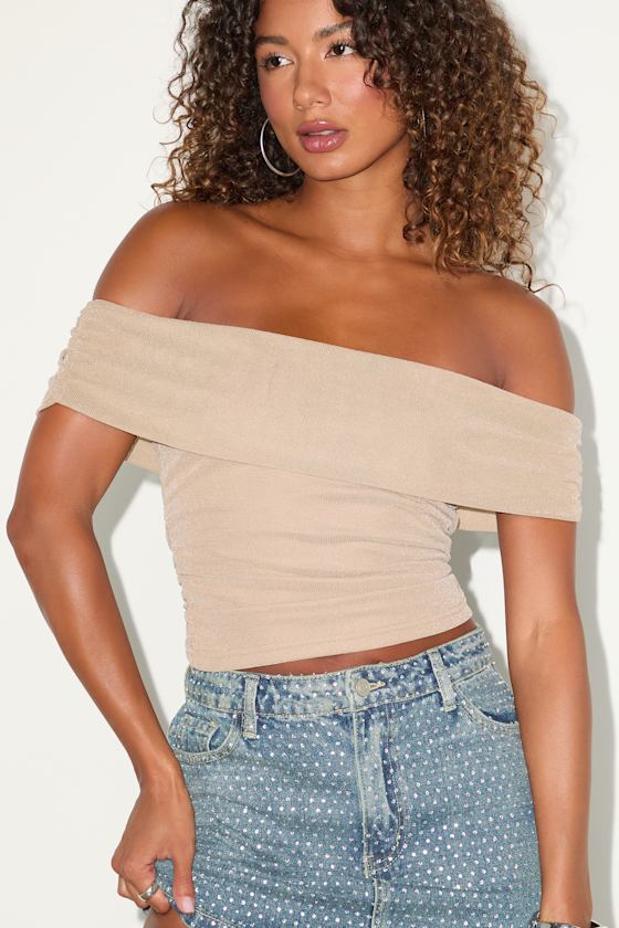 Korene Taupe Mesh Ruched Off-The-Shoulder Top 1