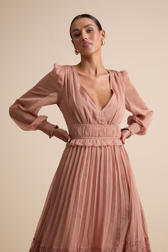 Mauve Pink Lacy Dress - Pleated Midi Dress - Blouson Sleeve Dress