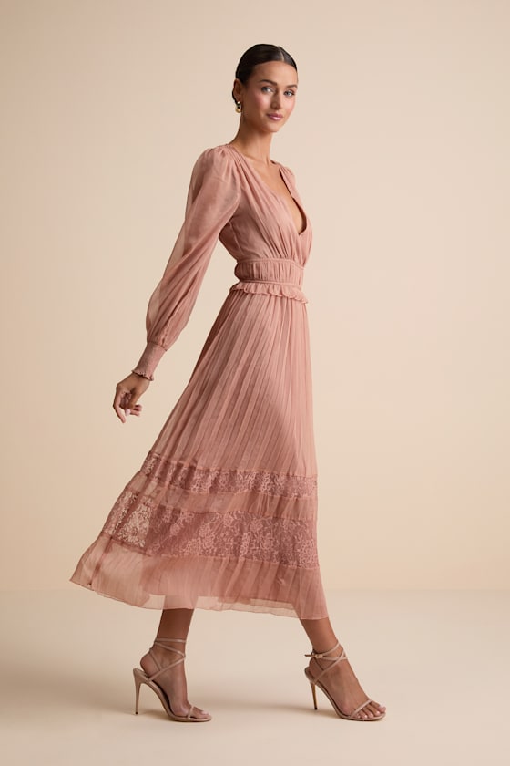 Cambree Mauve Pink Pleated Blouson Sleeve Lace Midi Dress 2