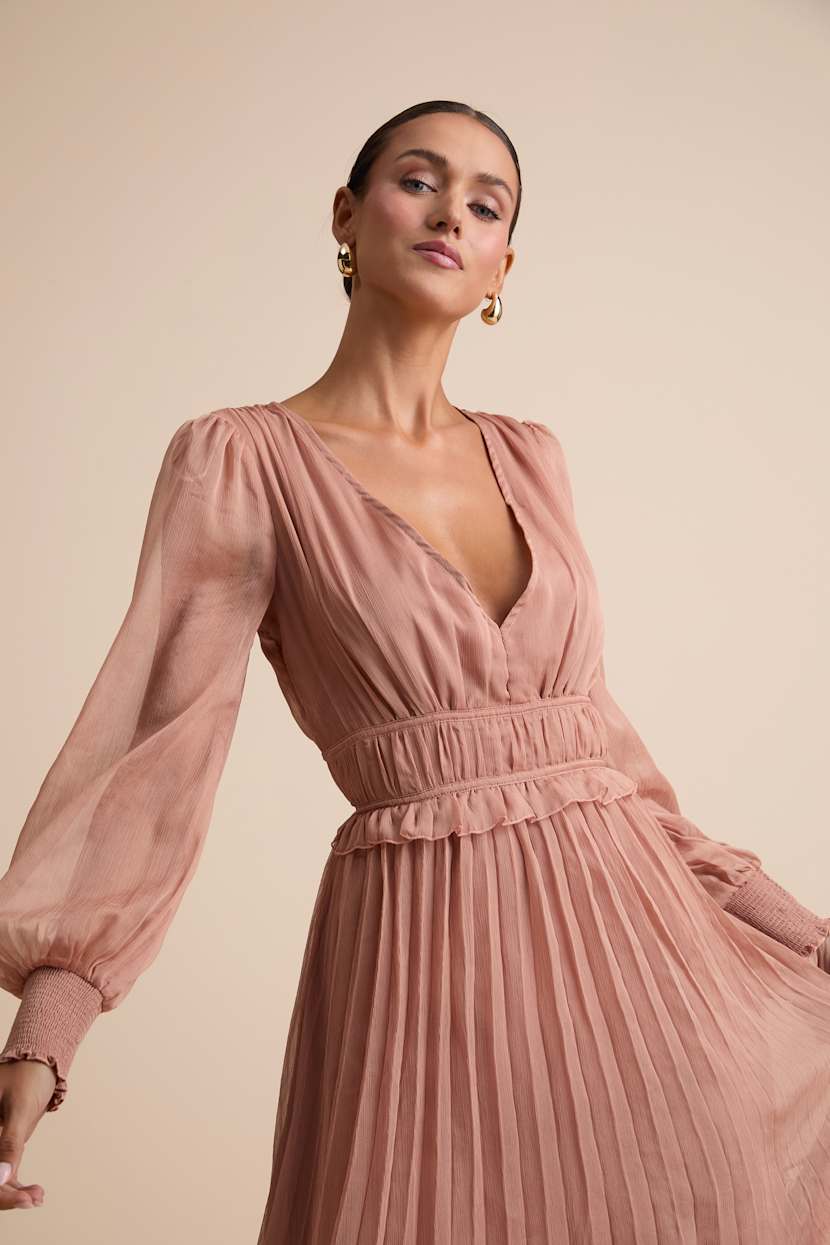 Mauve Pink Lacy Dress - Pleated Midi Dress - Blouson Sleeve Dress - Lulus