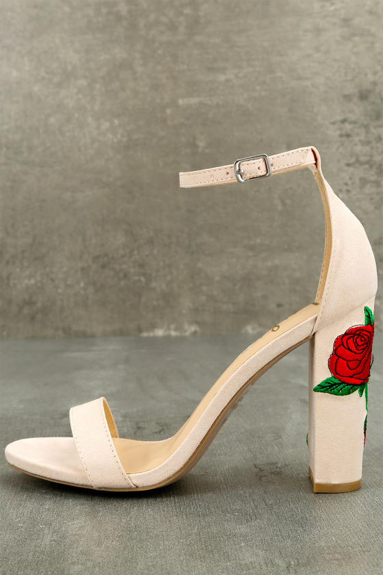 Felora Nude Suede Embroidered Ankle Strap Heels