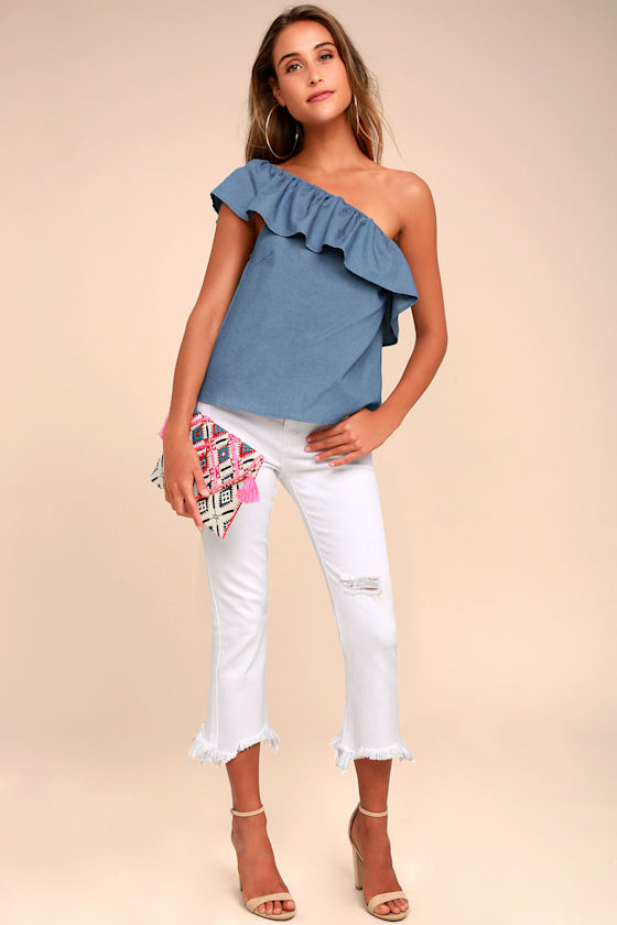Bitsy Blue Chambray One-Shoulder Top 1