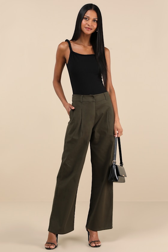 Charismatic Success Olive Pleated High-Rise Wide-Leg Pants
