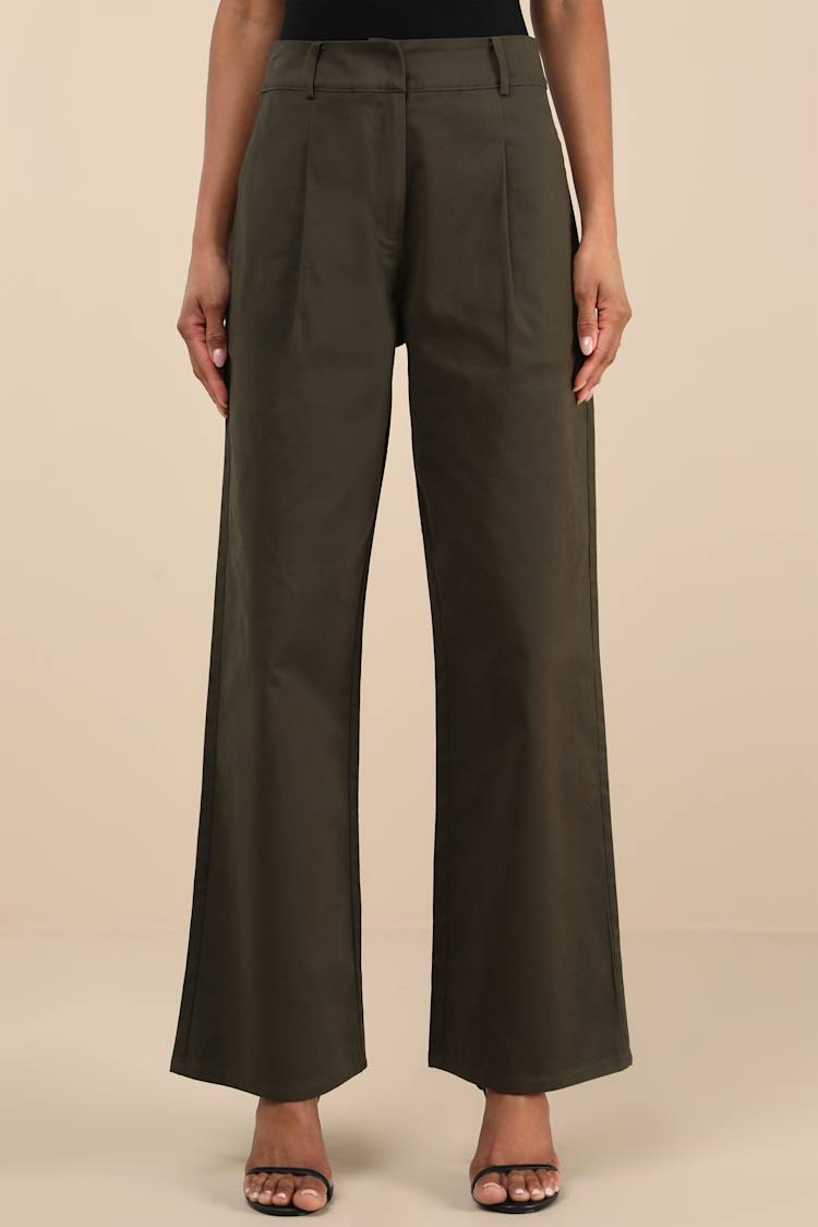 Charismatic Success Olive Pleated High-Rise Wide-Leg Pants