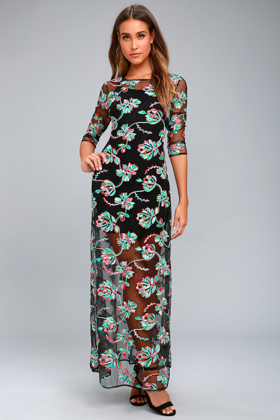 mesh embroidered maxi dress