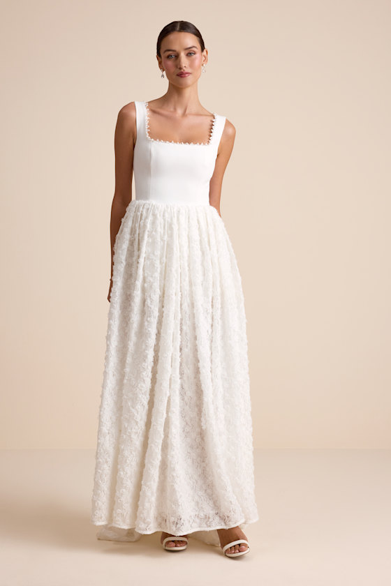 Ellsworth Ivory Mixed-Media Pearl A-Line Maxi Dress 2