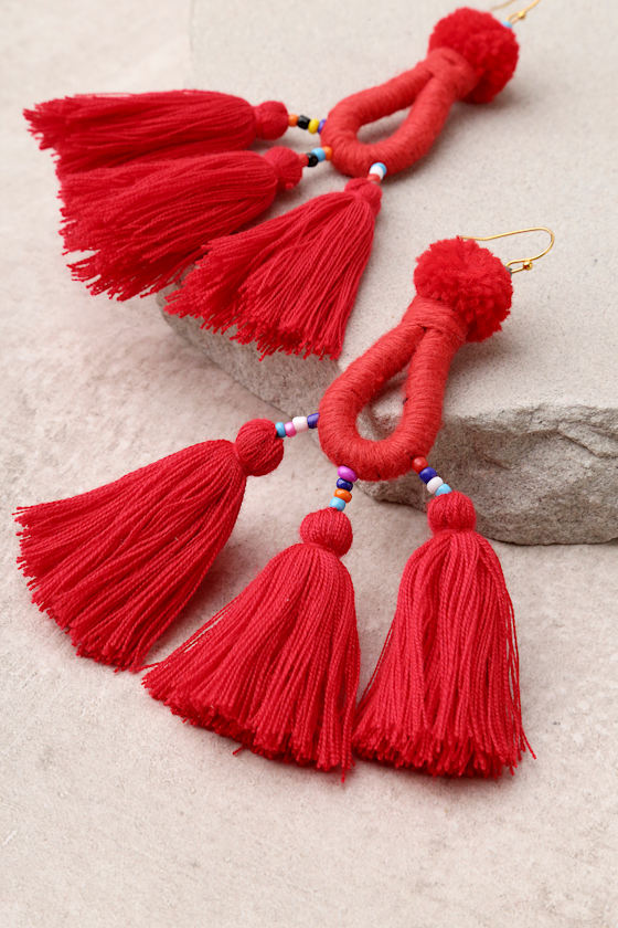 Boho Red Earrings Tassel Earrings Beaded Earrings Lulus