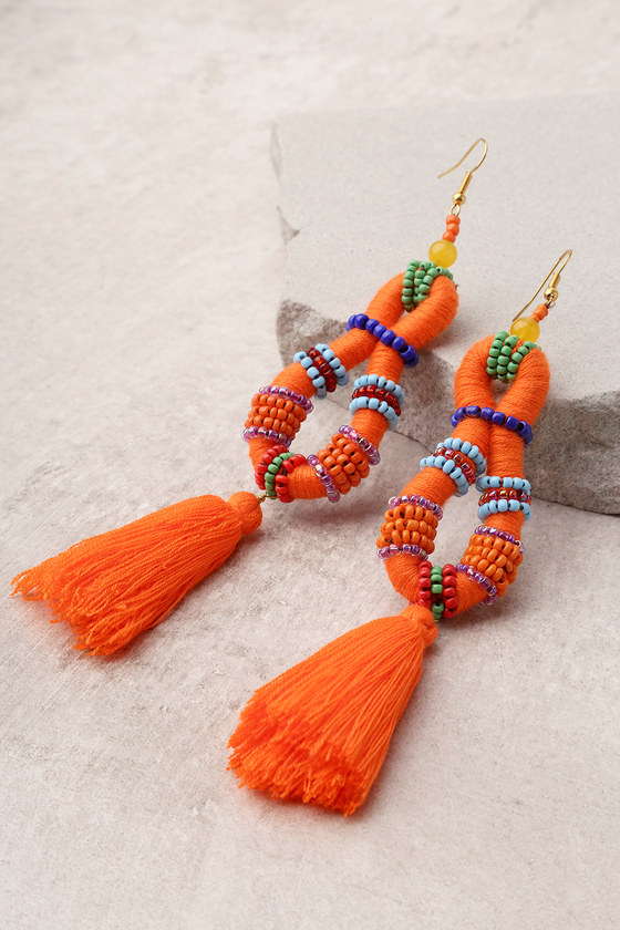 Festivity Orange Beaded Tassel Earrings