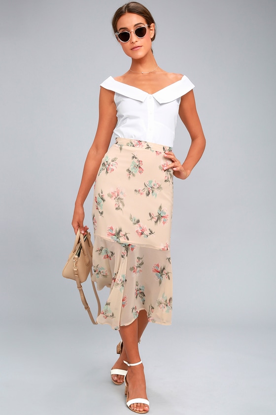 Bouquet Days Blush Floral Print Midi Skirt