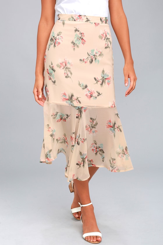 Bouquet Days Blush Floral Print Midi Skirt