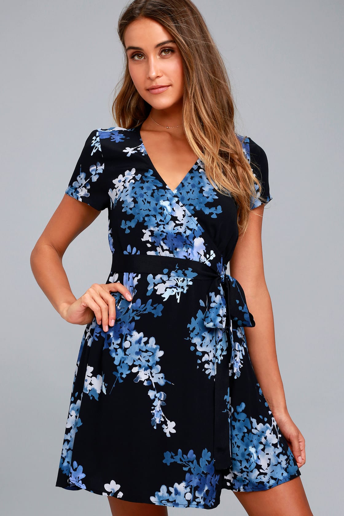 Cute Navy Blue Floral Print Dress - Wrap Dress - Fit and Flare Dress ... image.