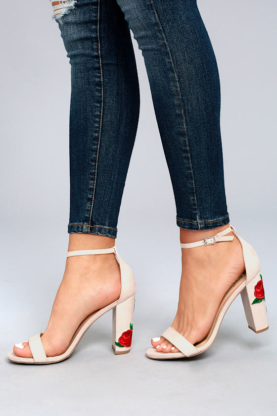 Felora Nude Suede Embroidered Ankle Strap Heels 4