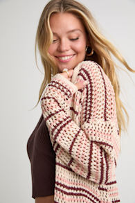 Breezy Strolls Beige Multi Striped Crochet Long Cardigan 4