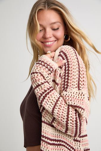 Breezy Strolls Beige Multi Striped Crochet Long Cardigan 4