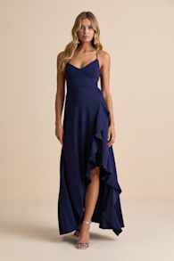 Caryl Dark Navy Ruffled Tulip High-Low Maxi Dress 1