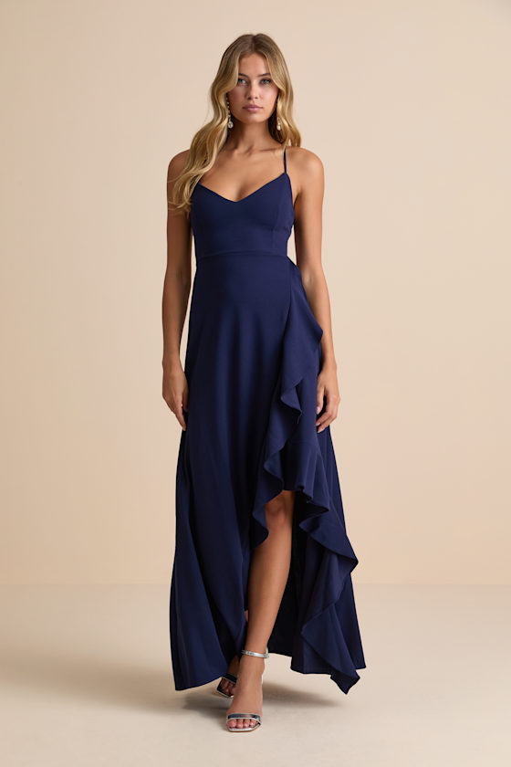 Caryl Dark Navy Ruffled Tulip High-Low Maxi Dress 1